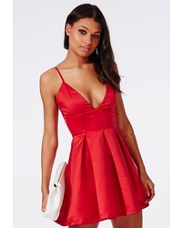 Missguided Satin Plunge Structured Skater Dress Red