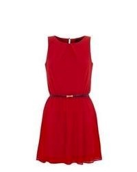 New Look Petite Red Chiffon Belted Skater Dress