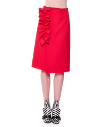 MSGM Stretch Crepe Ruffle Trim Midi Skirt Red