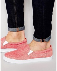 Asos Brand Slip On Sneakers In Red Chambray