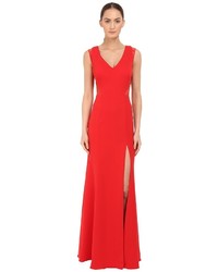 Marchesa Notte Sleeveless Crepe Gown With Slit And Illusion Re Embroidered Lace Cut Outs Dress