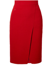 Red Slit Wool Pencil Skirt