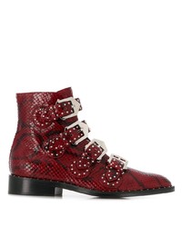 Red Snake Leather Lace-up Flat Boots