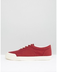 Asos Lace Up Sneakers In Burgundy Canvas With Rubber Toe Detail