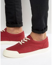 Asos Lace Up Sneakers In Burgundy Canvas With Rubber Toe Detail