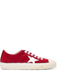 Golden Goose Deluxe Brand V Star 2 Distressed Velvet Sneakers Red
