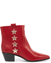 Saint Laurent Star Appliqud Leather Ankle Boots Red