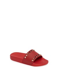 Red Studded Leather Flat Sandals