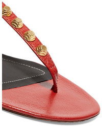 Balenciaga Studded Glossed Leather Sandals Red