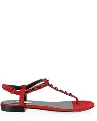 Red Studded Suede Flat Sandals