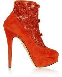 Charlotte Olympia Colombina Embellished Suede And Mesh Ankle Boots