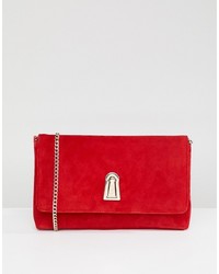 Dune Baloo Red Suede Clutch Bag With Twist Lock Opening And Detachable Strap Suede
