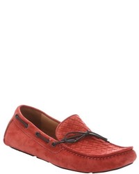 Bottega Veneta Burnt Red Intrecciato Suede Boat Stitched Slip On Driving Shoes