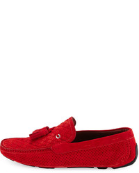 Neiman Marcus Woven Perforated Suede Tassel Driver Red