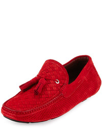 Neiman Marcus Woven Perforated Suede Tassel Driver Red