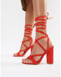 Public Desire Julia Red Block Heel Tie Up Sandals