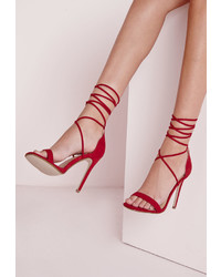 Missguided Lace Up Barely There Heeled Sandals Red