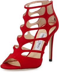 Jimmy Choo Ren Suede Caged 100mm Sandal Red