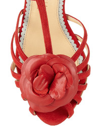 Charlotte Olympia Rosa Rose Appliqud Leather Sandals Red