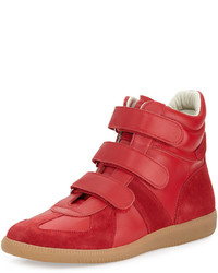 Maison Margiela Triple Strap Leather Suede High Top Sneakers Red
