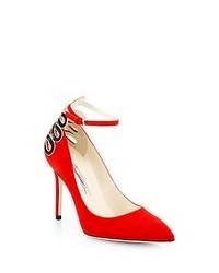 Brian Atwood Sybil Suede Snakeskin Ankle Strap Pumps Red