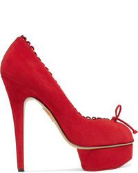 Charlotte Olympia Daphne Scalloped Suede Platform Pumps Red