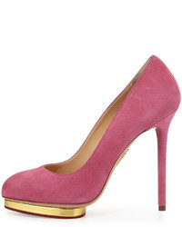 Charlotte Olympia Dotty Suede Platform Pump Cocktail Pink