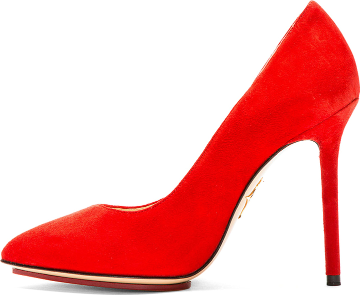 Charlotte Olympia Red Suede Pointed Monroe Pumps, $695 | SSENSE | Lookastic