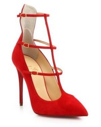 Christian Louboutin Toerless Muse Suede Triple Strap Pumps