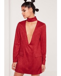 Missguided Faux Suede Choker Neck Plunge Shift Dress Red