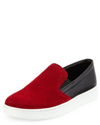 Prada Bicolor Suede Leather Slip On Sneaker Red