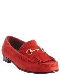 Gucci Red Suede Tassel Detail Slip On Loafers