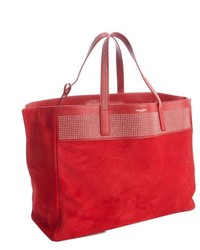 Saint Laurent Red Studded Suede Large Shopper Tote With Pouchette