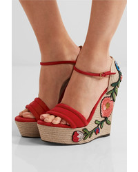 Gucci Appliqud Suede Wedge Espadrille Sandals Red