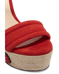 Gucci Appliqud Suede Wedge Espadrille Sandals Red