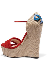 Gucci Appliqud Suede Wedge Espadrille Sandals Red