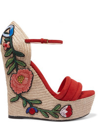 Gucci Appliqud Suede Wedge Espadrille Sandals Red
