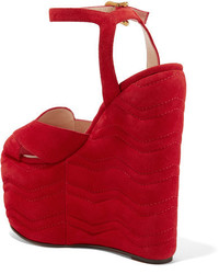 Gucci Quilted Suede Wedge Sandals Red