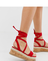 PrettyLittleThing Tie Up Espadrille Flatform Sandal In Red