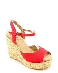 Volatile Electric Red Peep Toe Fabric Wedge Sandals Shoes