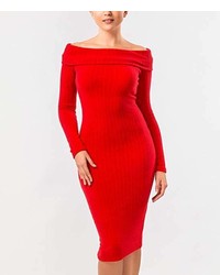 Red Ribbed Off Shoulder Dress