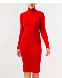 Red Ribbed Turtleneck Sheath Dress