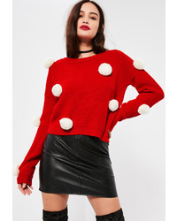 Missguided Red With White Pompoms Christmas Sweater
