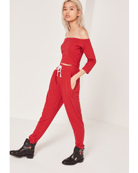 Missguided Ribbed Joggers Red