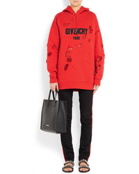 Givenchy Distressed Chiffon Paneled Cotton Jersey Hooded Sweatshirt Red