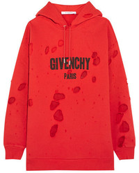 Givenchy Distressed Chiffon Paneled Cotton Jersey Hooded Sweatshirt Red