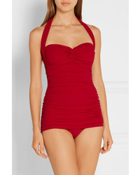 Norma Kamali Bill Mio Ruched Halterneck Swimsuit Red