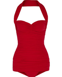 Norma Kamali Bill Mio Ruched Halterneck Swimsuit Red