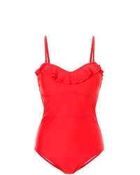 BODYFLIRT Ruffle Neckline Swimsuit In Red Size 16
