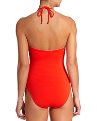 Shoshanna One Piece Textured Cinched Halter Swimsuit